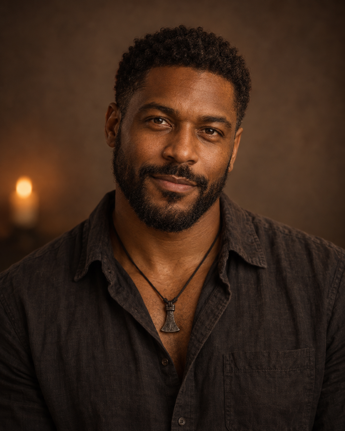 Thomas in a charcoal shirt, wearing an iron axe pendant, with a candle glowing behind him